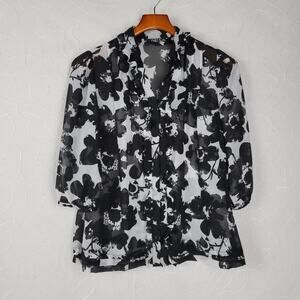 a.n.a Womens Blouse Size PM Black White Floral Sheer Button Front 3/4 Sleeve